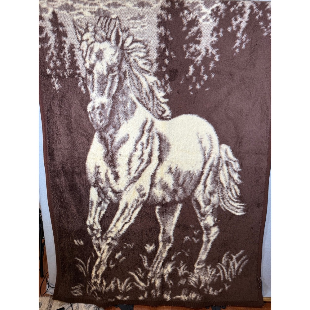 Vintage Reversible Horse Plush Blanket Brown Cream San Marcos Style Throw 58x44